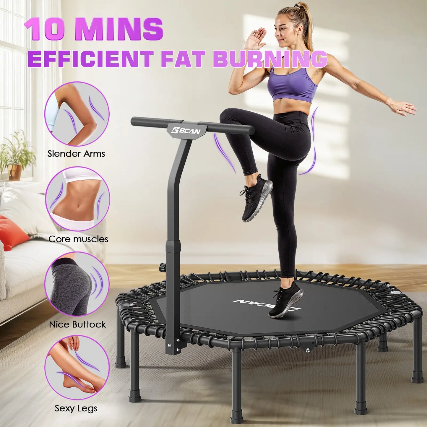 51IN/450LBS Exercise Rebounder Trampoline with T-Adjustable Handle Bar Silent Bungees, Octagonal