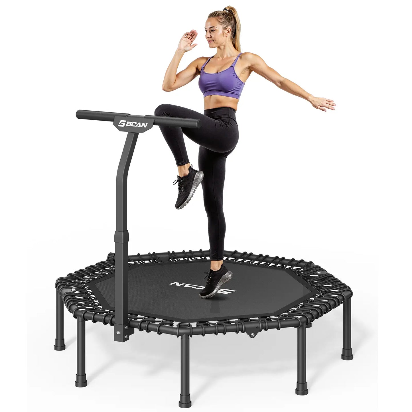 51IN/450LBS Exercise Rebounder Trampoline with T-Adjustable Handle Bar Silent Bungees, Octagonal