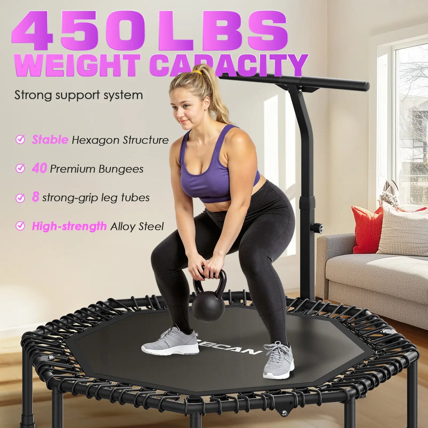 51IN/450LBS Exercise Rebounder Trampoline with T-Adjustable Handle Bar Silent Bungees, Octagonal