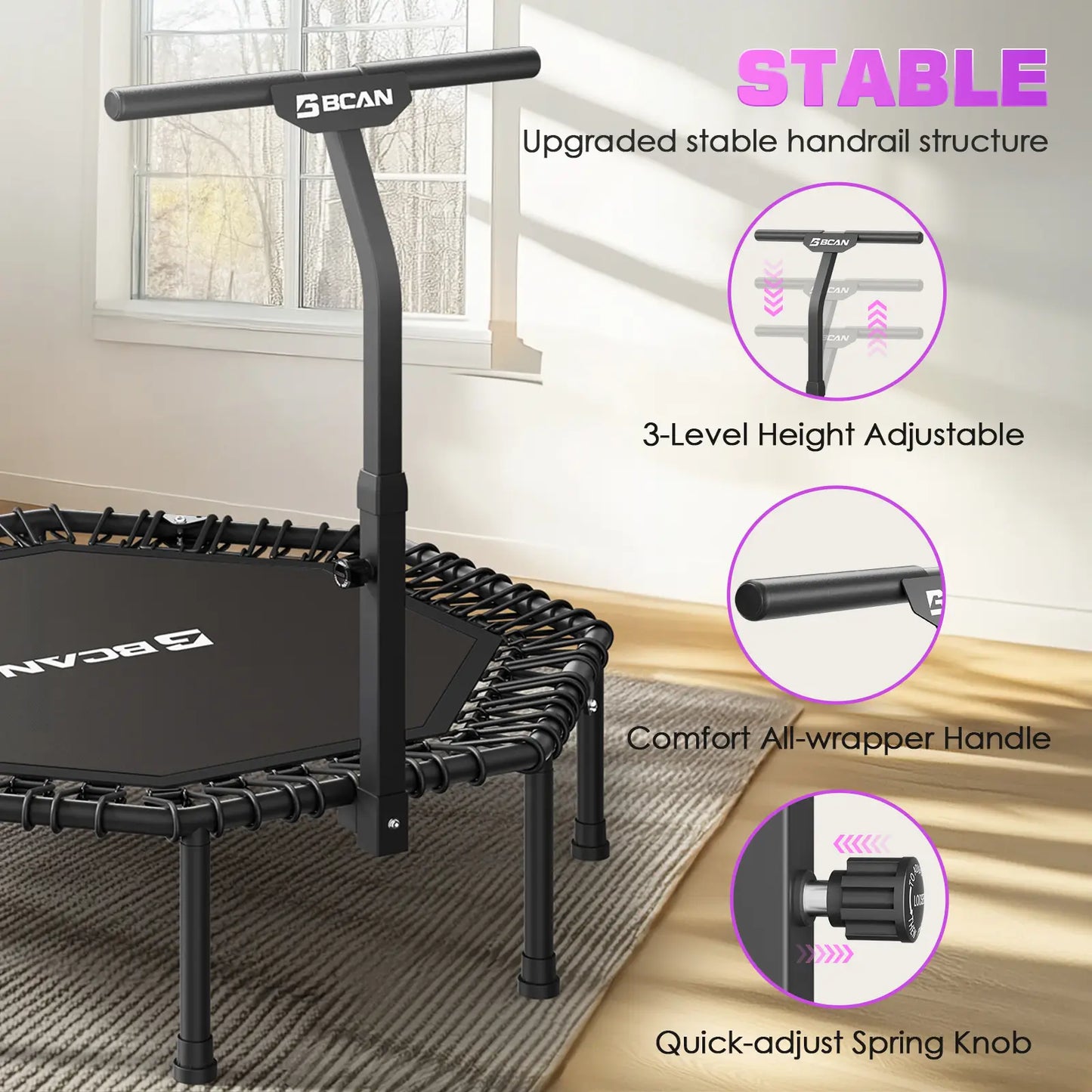 51IN/450LBS Exercise Rebounder Trampoline with T-Adjustable Handle Bar Silent Bungees, Octagonal