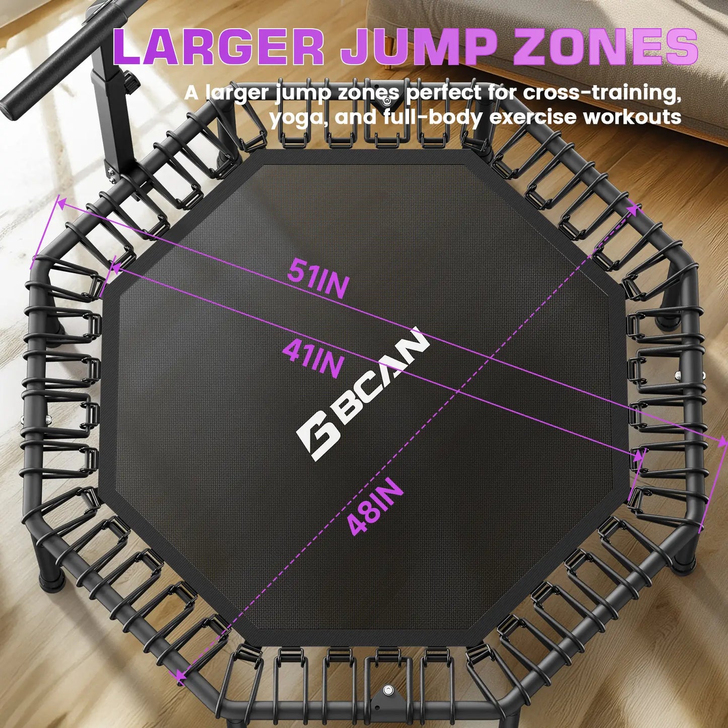 51IN/450LBS Exercise Rebounder Trampoline with T-Adjustable Handle Bar Silent Bungees, Octagonal