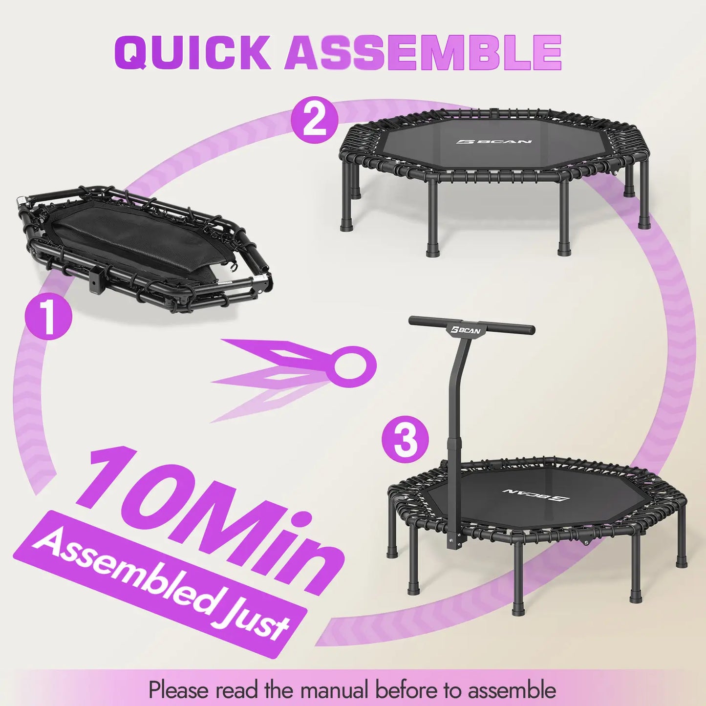 51IN/450LBS Exercise Rebounder Trampoline with T-Adjustable Handle Bar Silent Bungees, Octagonal
