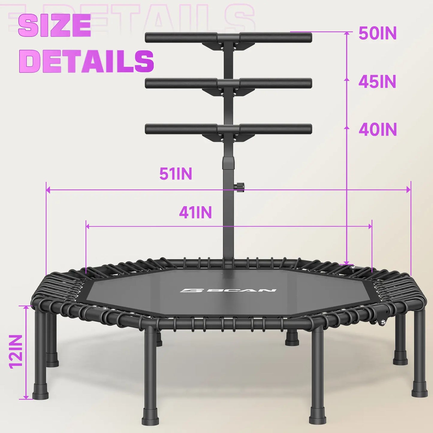 51IN/450LBS Exercise Rebounder Trampoline with T-Adjustable Handle Bar Silent Bungees, Octagonal