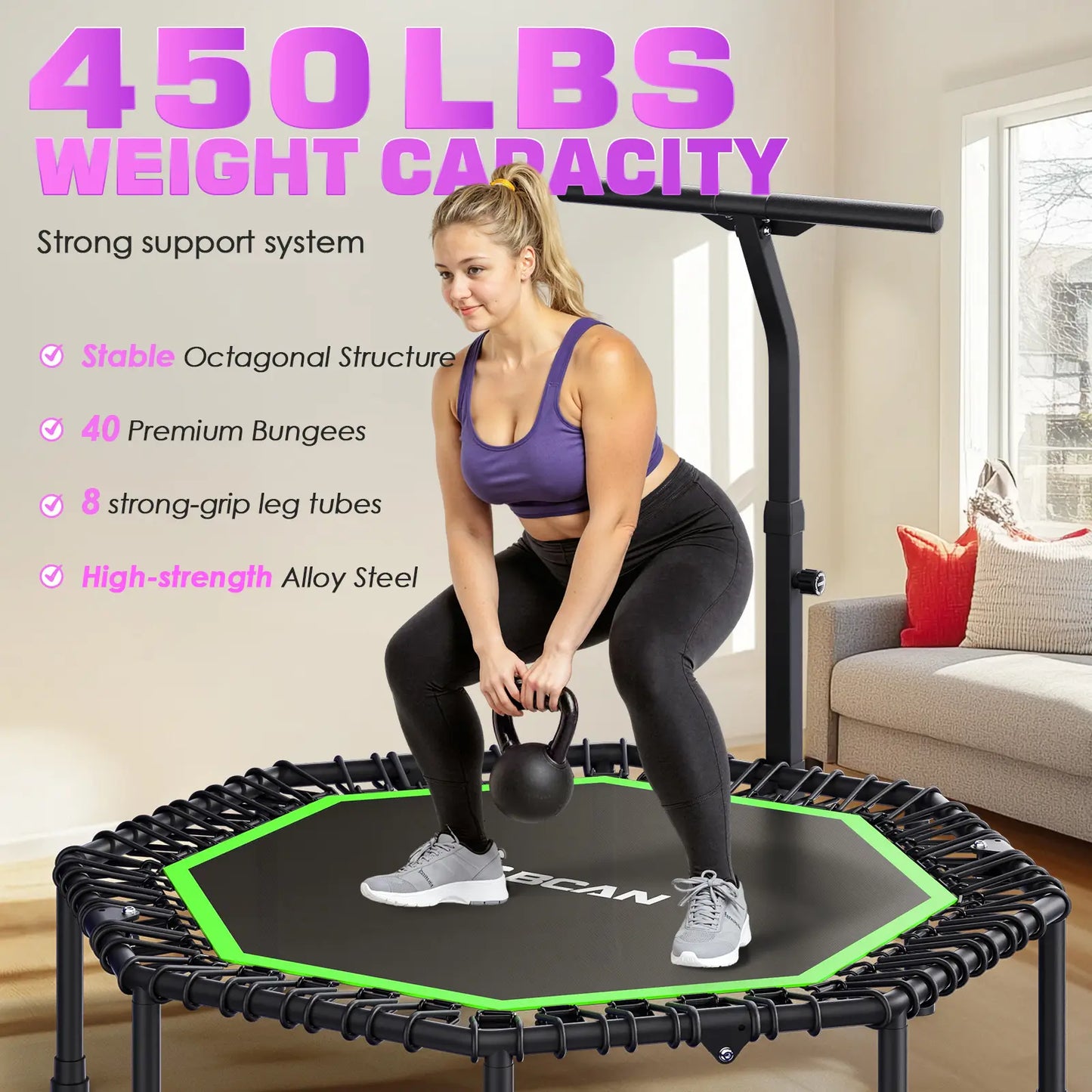 51" Bungee Trampoline with T-Handle Bar,Rebounder for Adults-Green Color, 450LBS, Octagonal