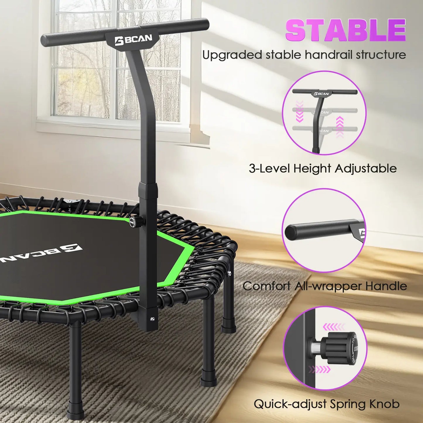51" Bungee Trampoline with T-Handle Bar,Rebounder for Adults-Green Color, 450LBS, Octagonal