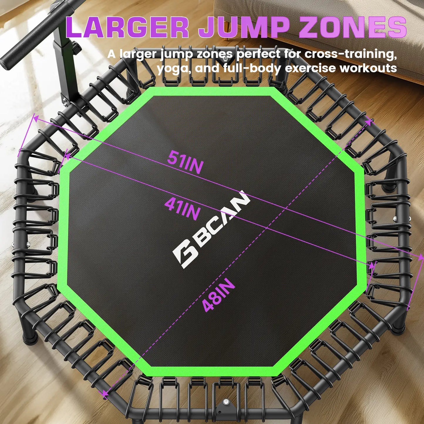 51" Bungee Trampoline with T-Handle Bar,Rebounder for Adults-Green Color, 450LBS, Octagonal