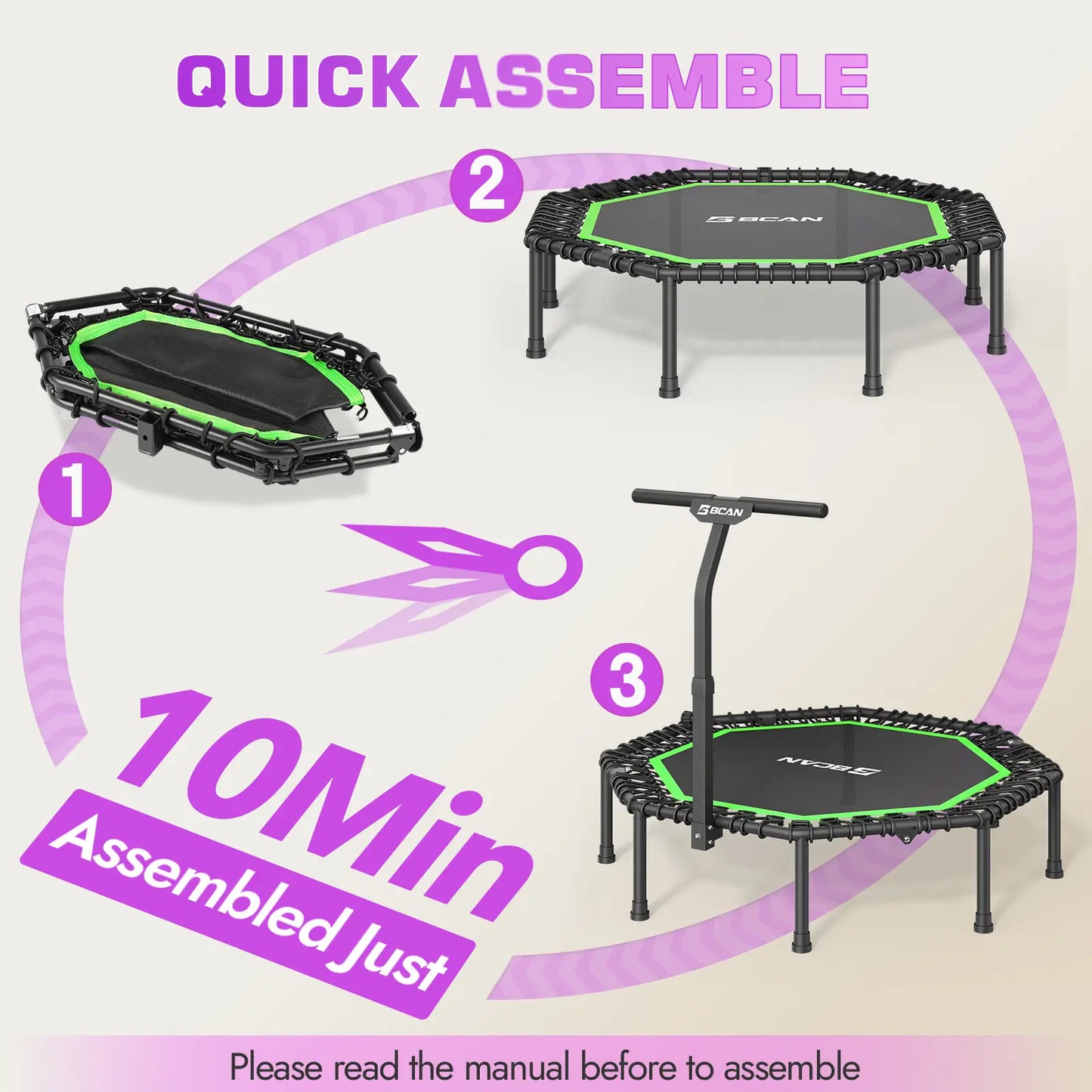 51" Bungee Trampoline with T-Handle Bar,Rebounder for Adults-Green Color, 450LBS, Octagonal