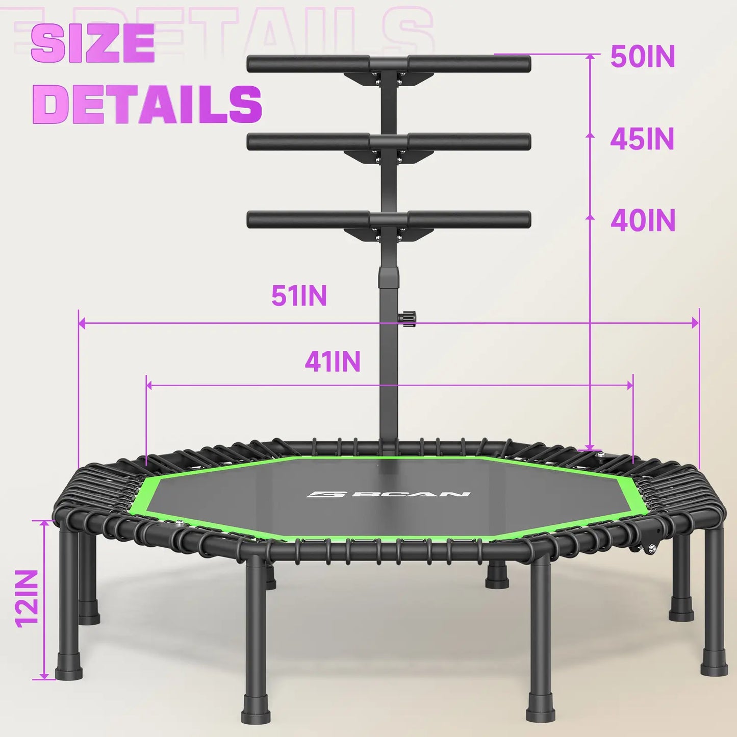 51" Bungee Trampoline with T-Handle Bar,Rebounder for Adults-Green Color, 450LBS, Octagonal