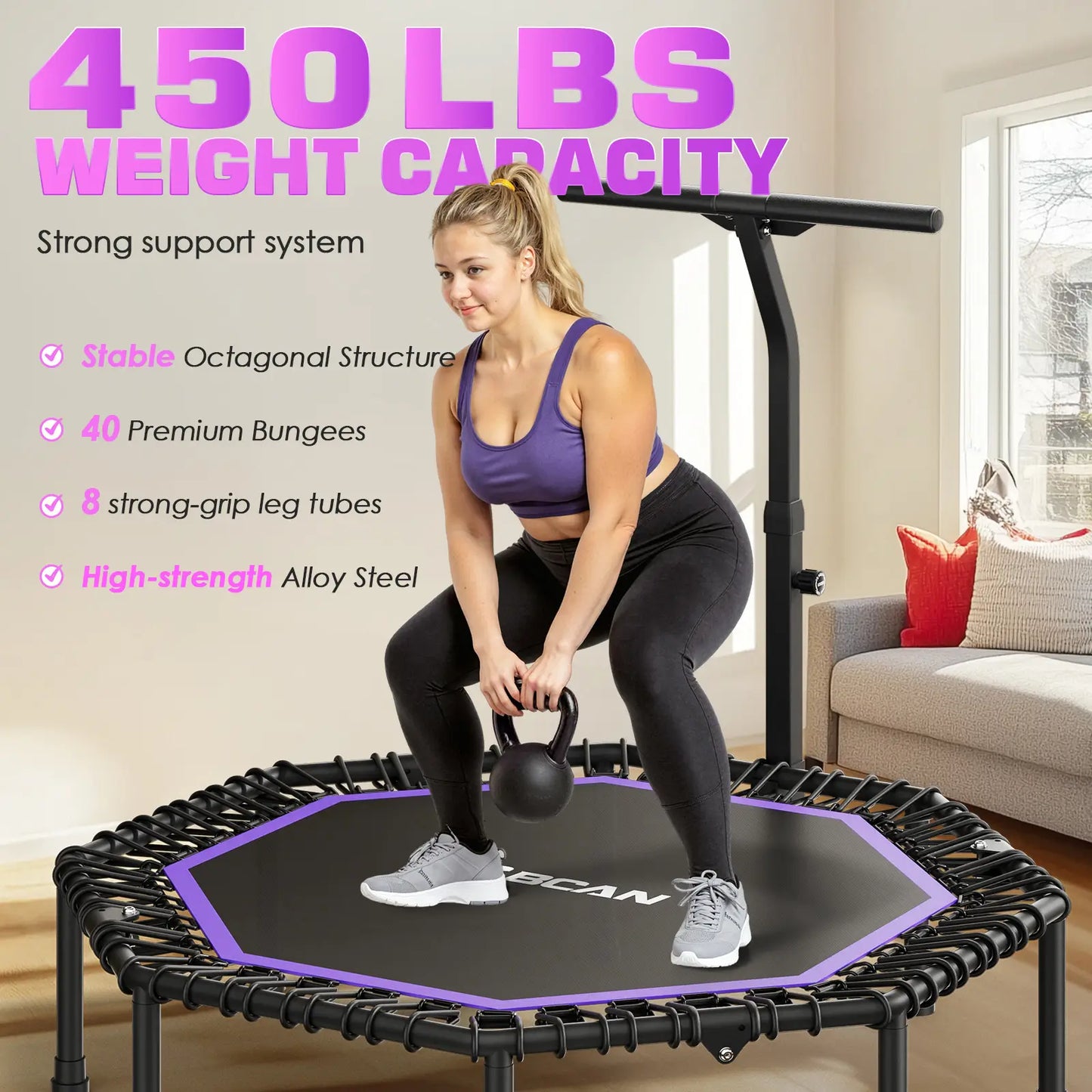 51" Bungee Trampoline with T-Handle Bar,Rebounder for Adults-Purple, 450LBS, Octagonal