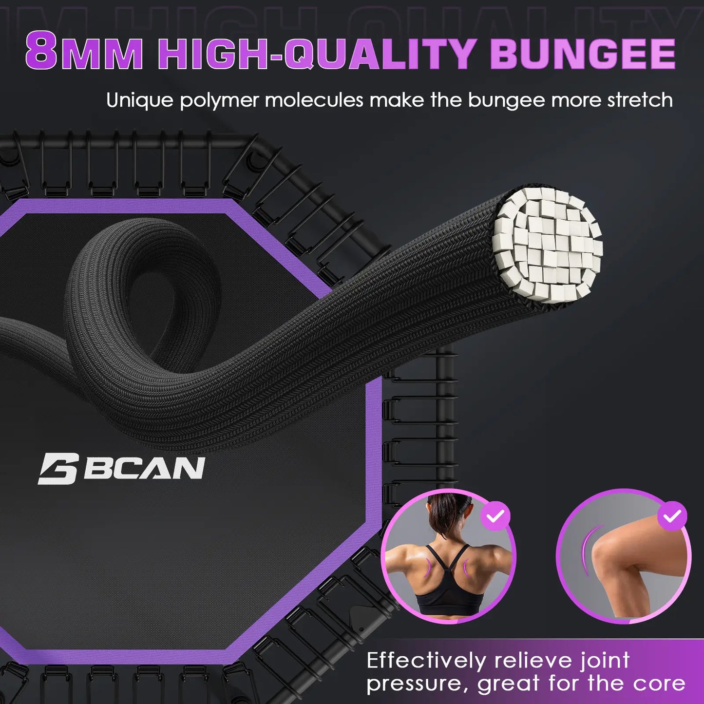 51" Bungee Trampoline with T-Handle Bar,Rebounder for Adults-Purple, 450LBS, Octagonal