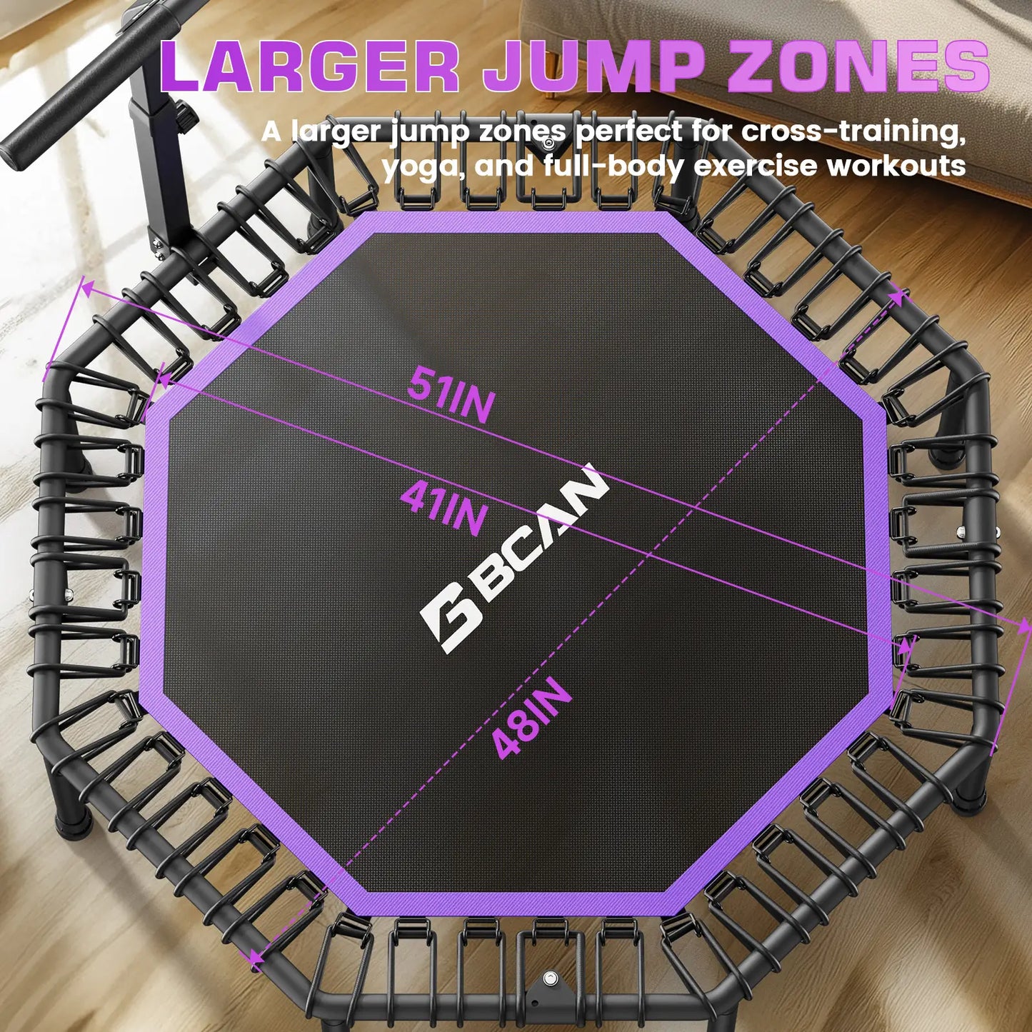 51" Bungee Trampoline with T-Handle Bar,Rebounder for Adults-Purple, 450LBS, Octagonal