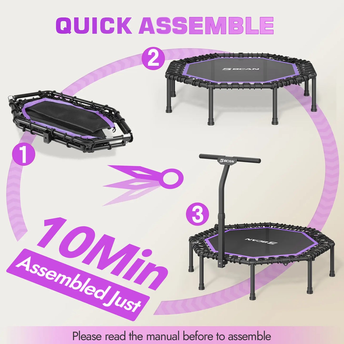 51" Bungee Trampoline with T-Handle Bar,Rebounder for Adults-Purple, 450LBS, Octagonal