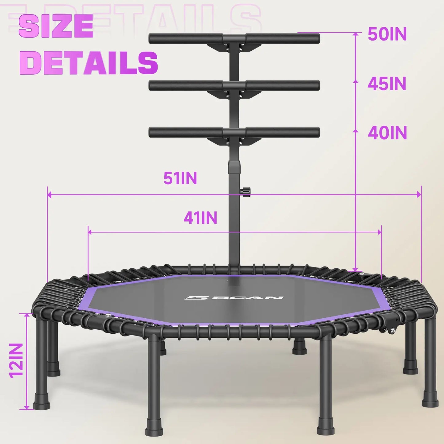 51" Bungee Trampoline with T-Handle Bar,Rebounder for Adults-Purple, 450LBS, Octagonal