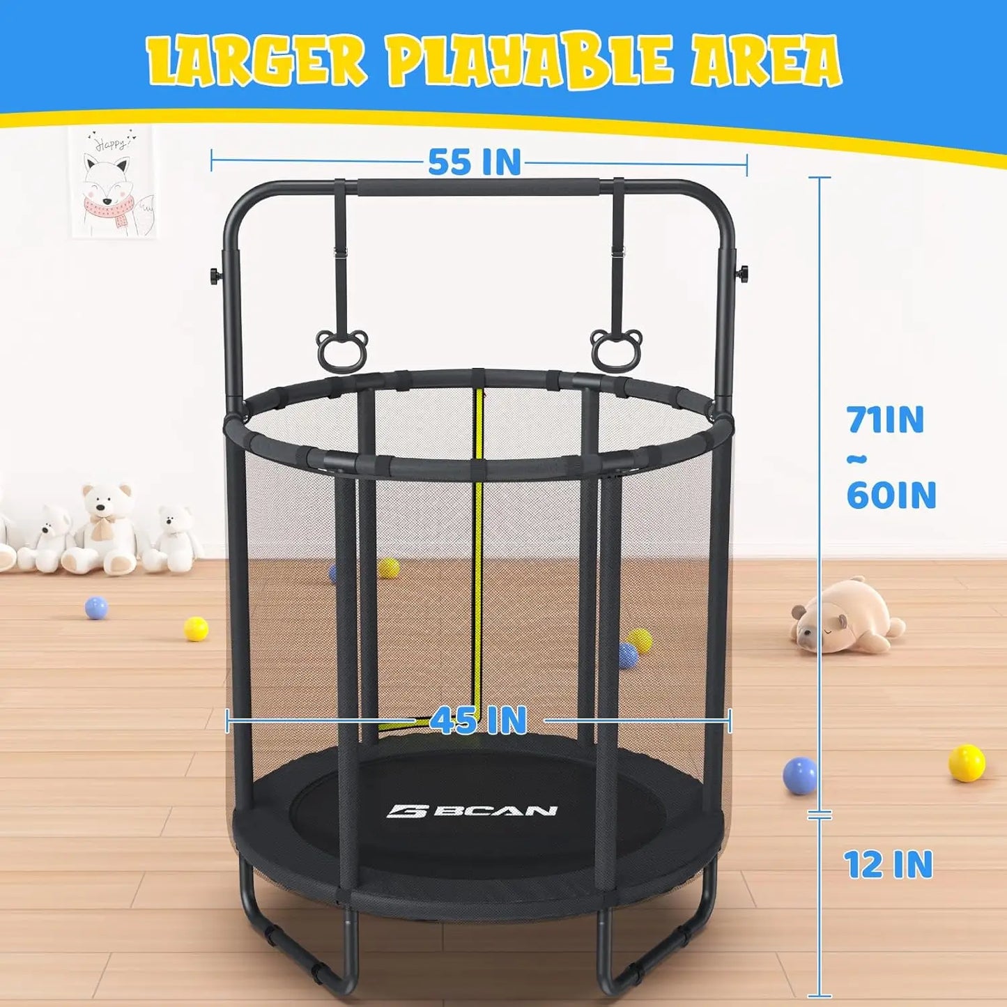 55" Mini Trampoline for Ages 1 to 8 Kid, 5FT Toddler Trampoline with Enclosure Net