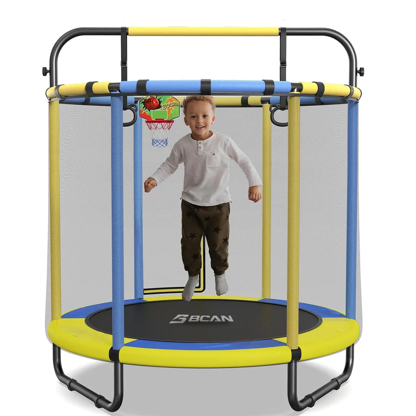 55" Blue/Yellow Color Toddler Trampoline with Adjustable Gymnastics Bars, Basketball Hoop