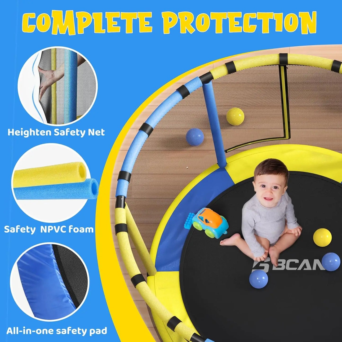 55" Blue/Yellow Color Toddler Trampoline with Adjustable Gymnastics Bars, Basketball Hoop