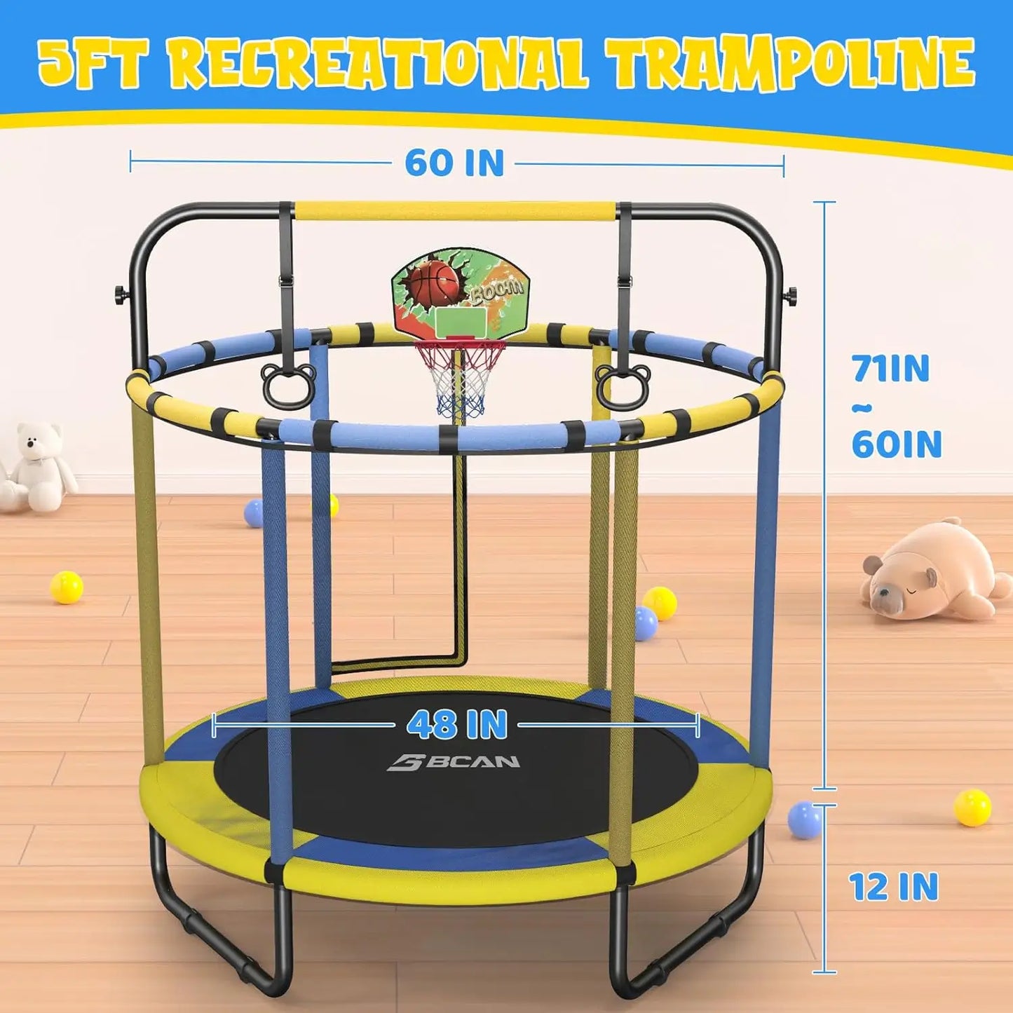 55" Blue/Yellow Color Toddler Trampoline with Adjustable Gymnastics Bars, Basketball Hoop