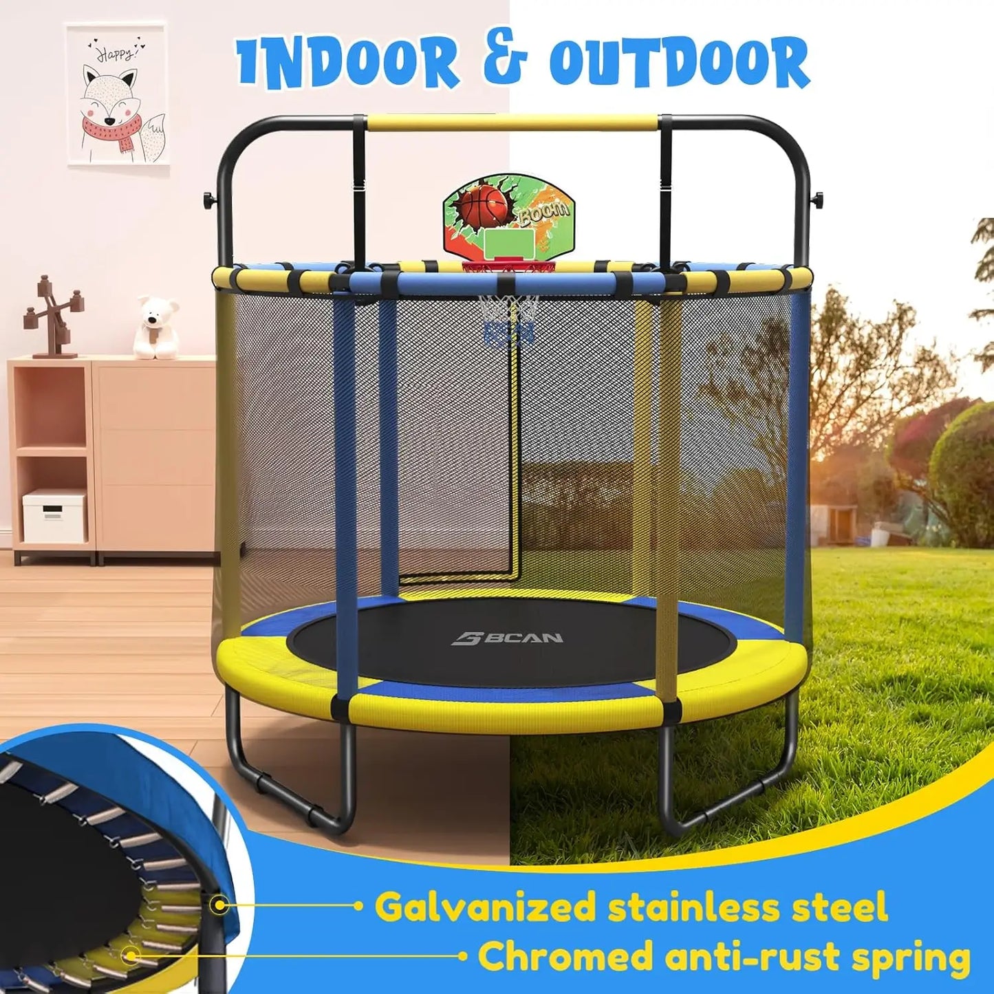 55" Blue/Yellow Color Toddler Trampoline with Adjustable Gymnastics Bars, Basketball Hoop