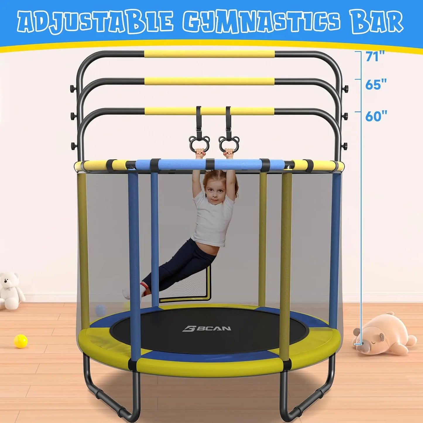 55" Blue/Yellow Color Toddler Trampoline with Adjustable Gymnastics Bars, Basketball Hoop