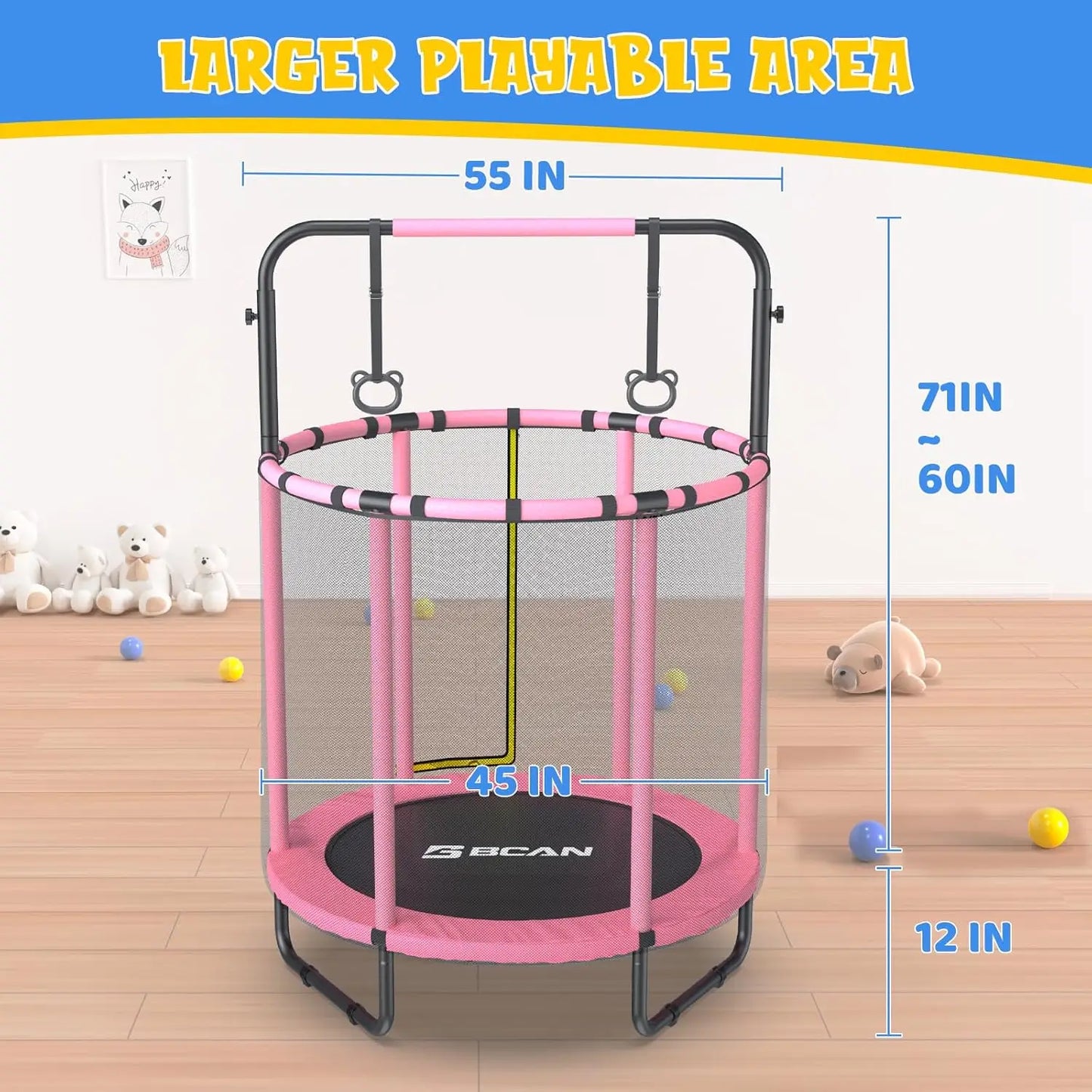 55" Mini Trampoline for Kids, Adjustable Gymnastics Bars-Pink