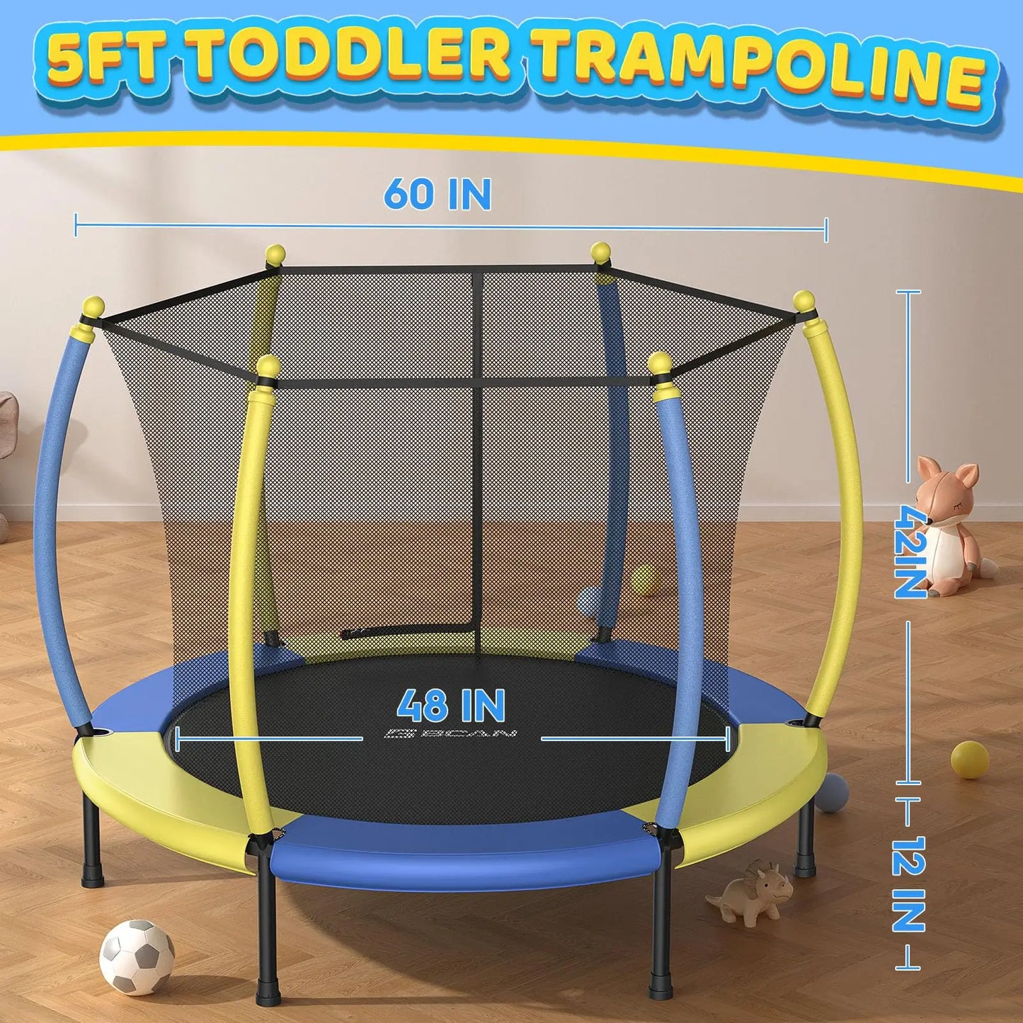 60'' Mini Trampoline for Ages 1 to 8 Kid with Enclosure Net - 5FT Toddler Trampoline For Indoor/Outdoor Use