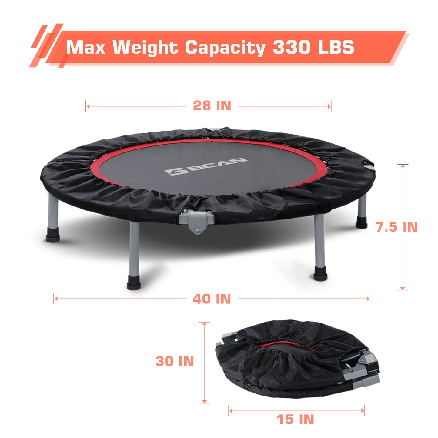Foldable Mini Trampoline | No Handle | Steel Spring Trampoline-40Inch/330lbs