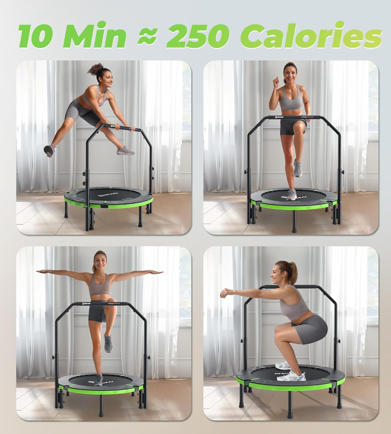 Exercise Rebounder Trampoline For Adults | Adjustable Handle-U Handle/40Inch Green