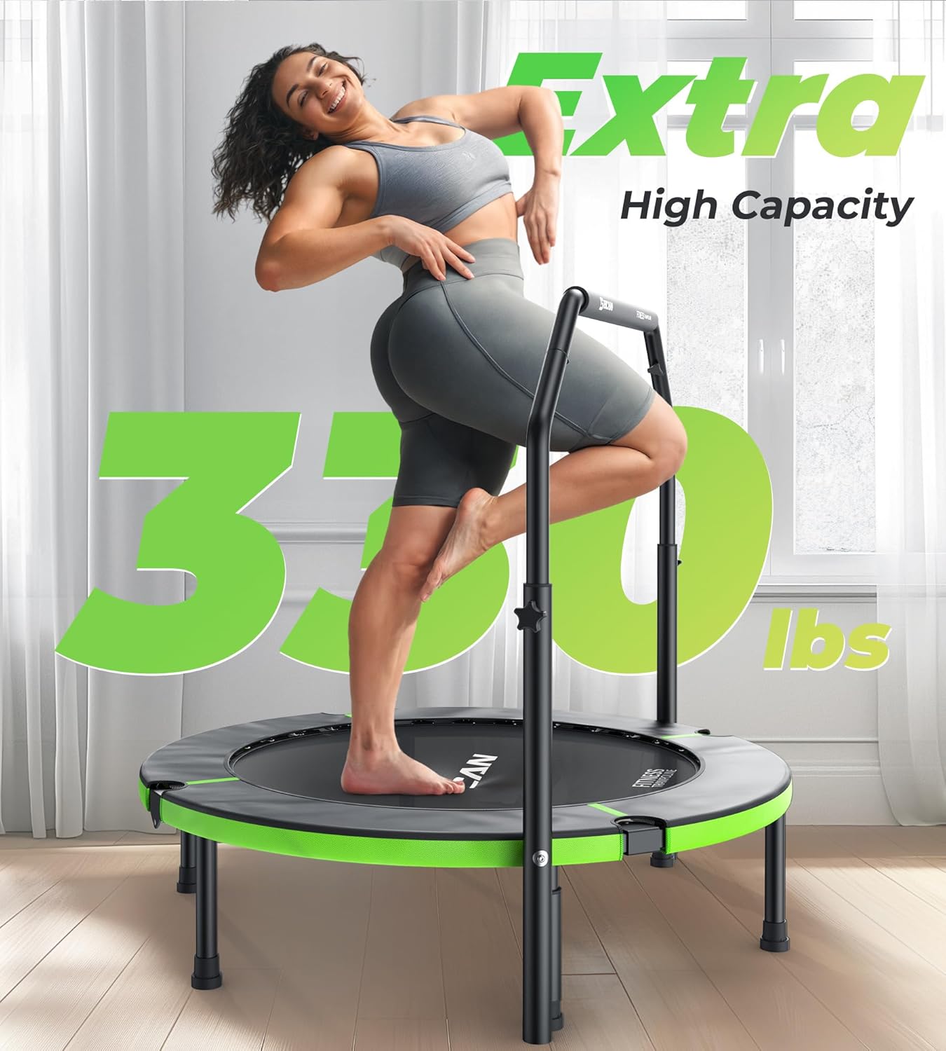 Exercise Rebounder Trampoline For Adults | Adjustable Handle-U Handle/40Inch Green