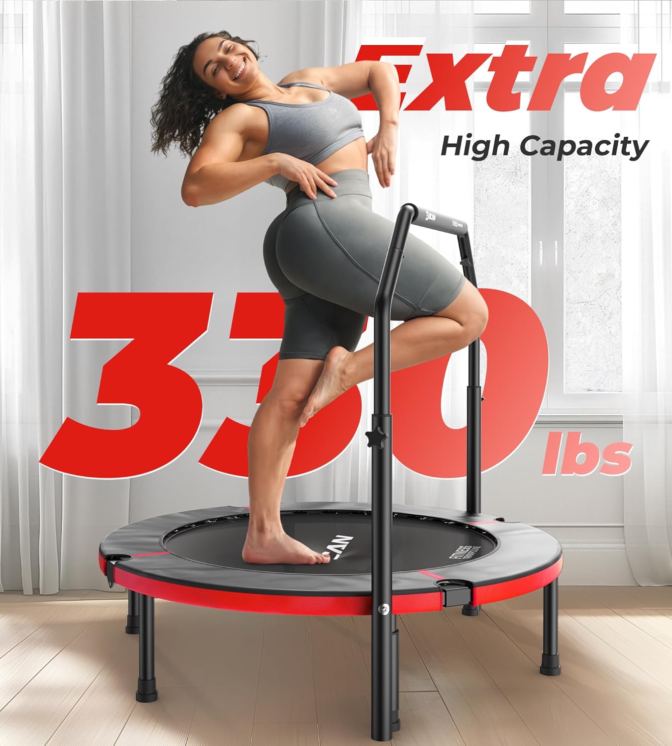 Exercise Rebounder Trampoline For Adults | Adjustable Handle-U Handle/40Inch Red
