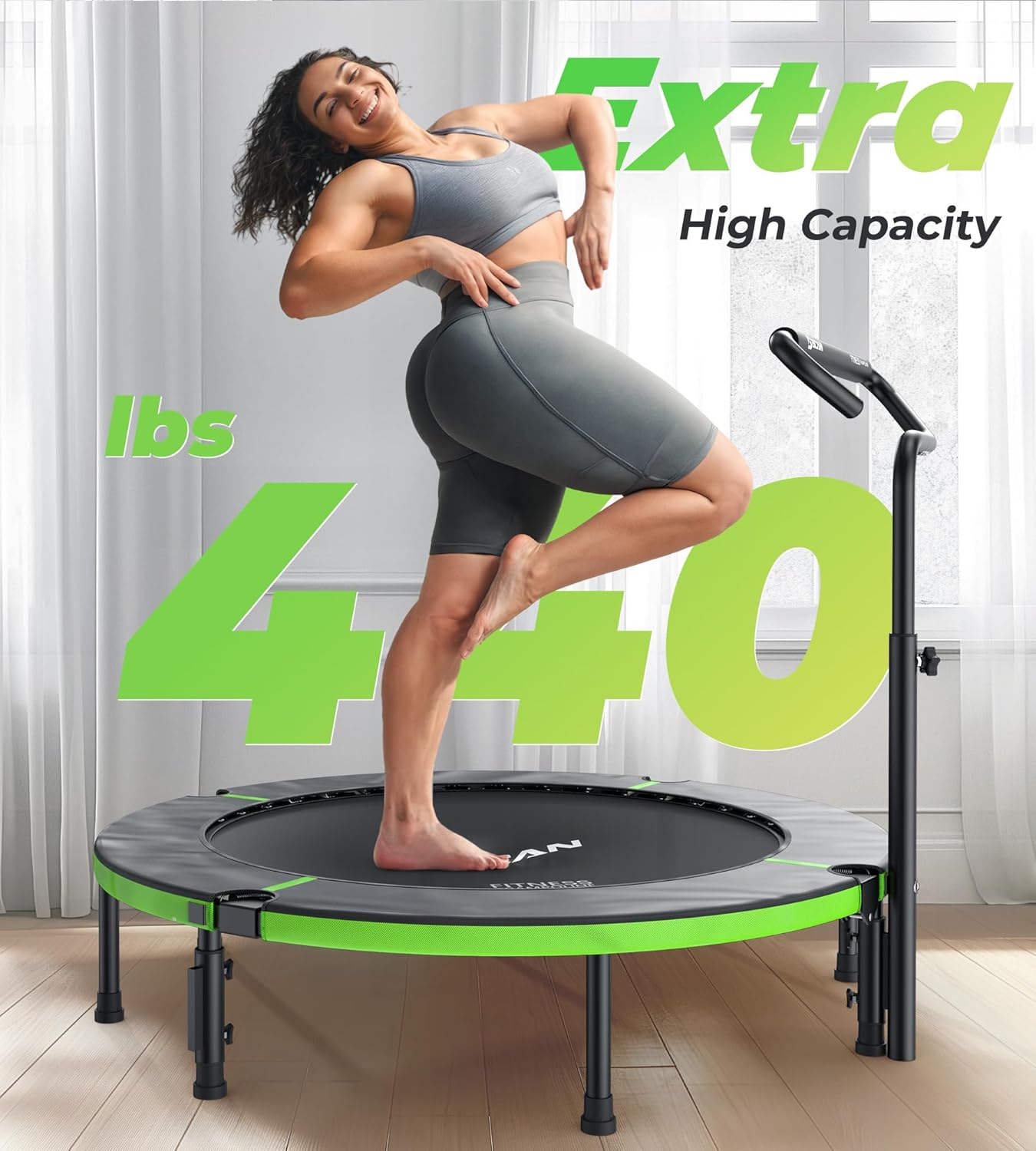 Exercise Rebounder Trampoline For Adults | Adjustable Handle-U Handle/48Inch Green