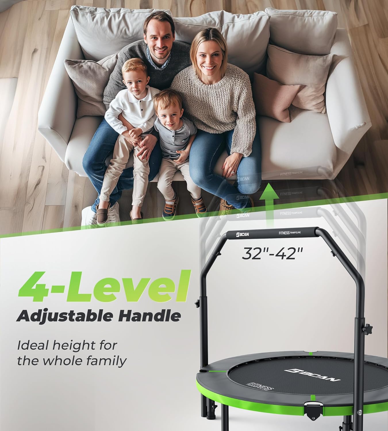 Exercise Rebounder Trampoline For Adults | Adjustable Handle-U Handle/40Inch Green