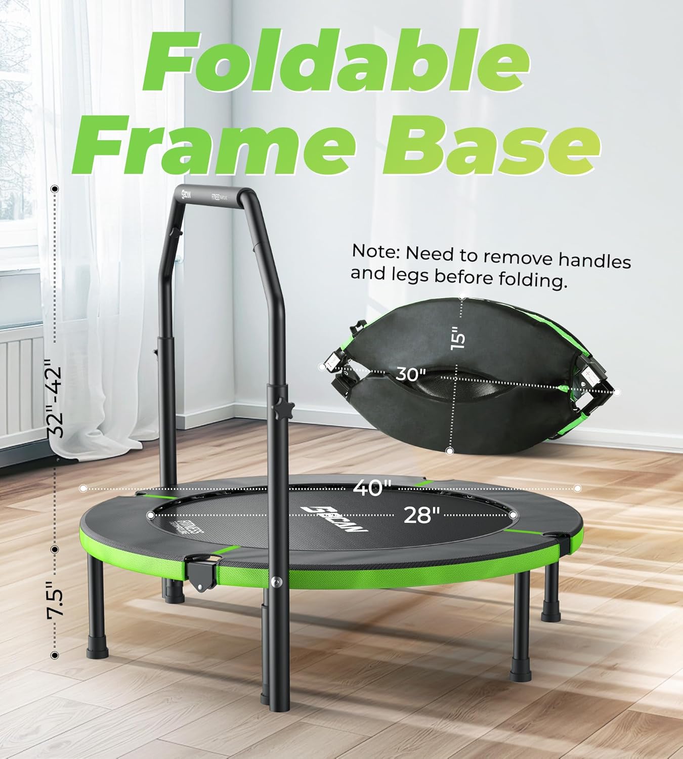 Exercise Rebounder Trampoline For Adults | Adjustable Handle-U Handle/40Inch Green