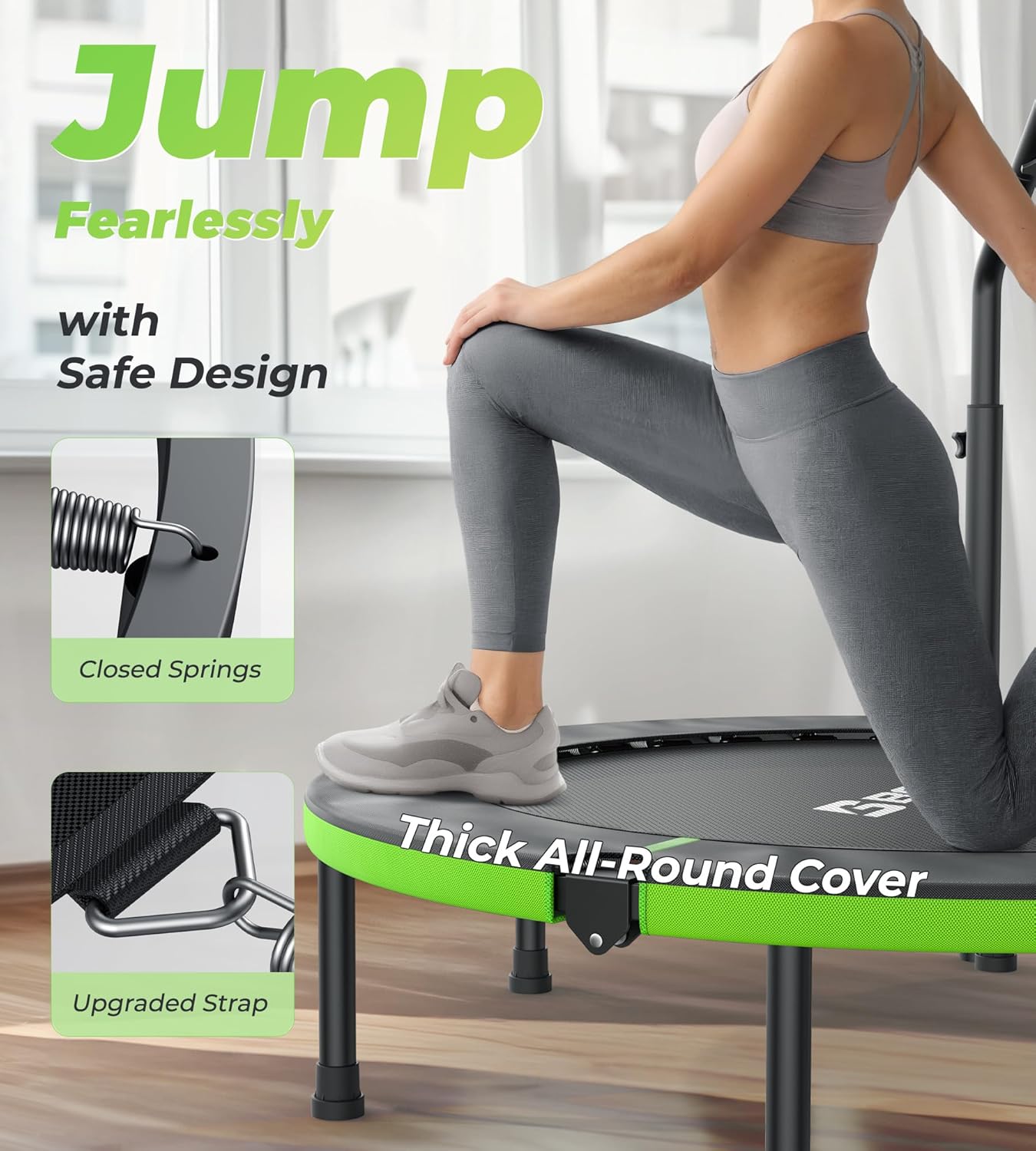 Exercise Rebounder Trampoline For Adults | Adjustable Handle-U Handle/40Inch Green