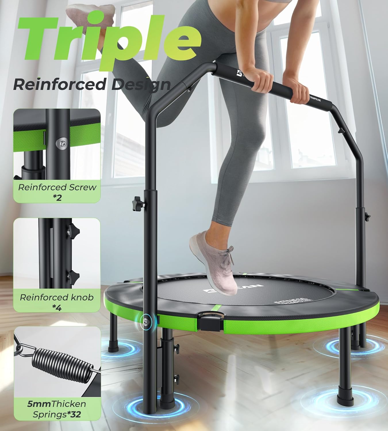 Exercise Rebounder Trampoline For Adults | Adjustable Handle-U Handle/40Inch Green