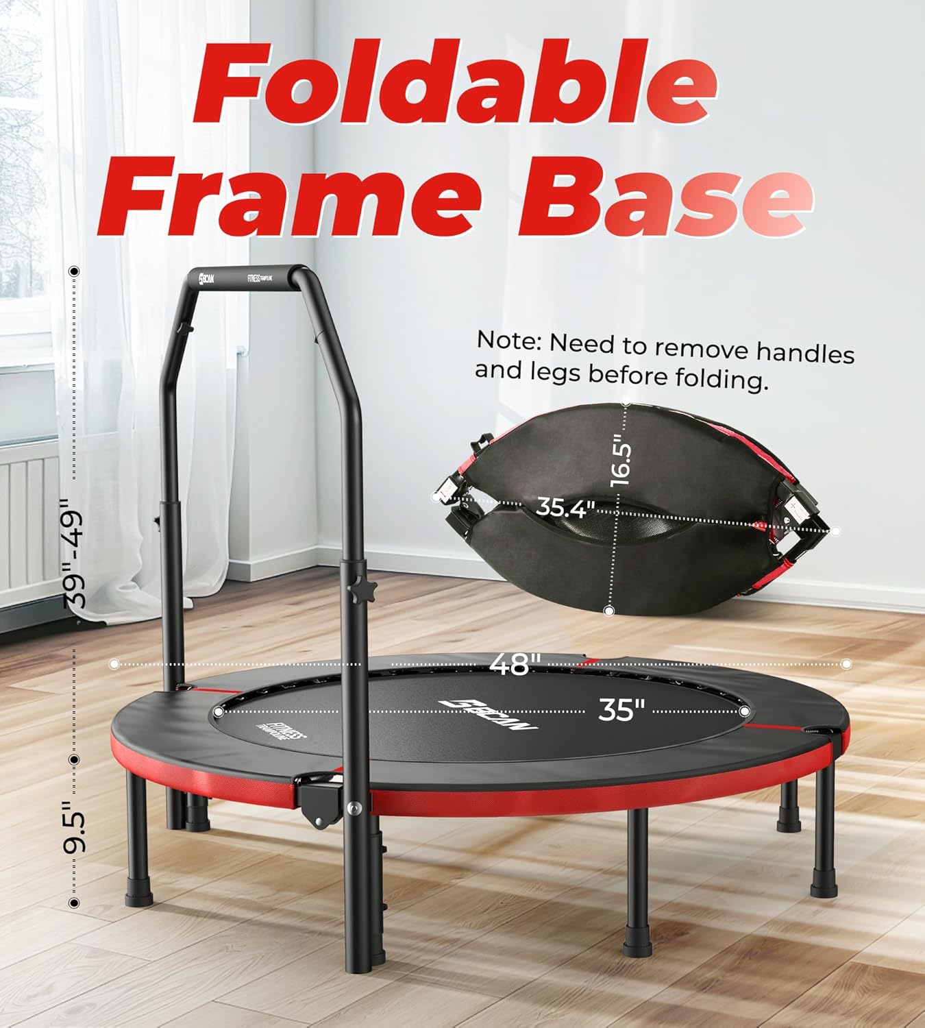 Exercise Rebounder Trampoline For Adults | Adjustable Handle-U Handle/48Inch Red