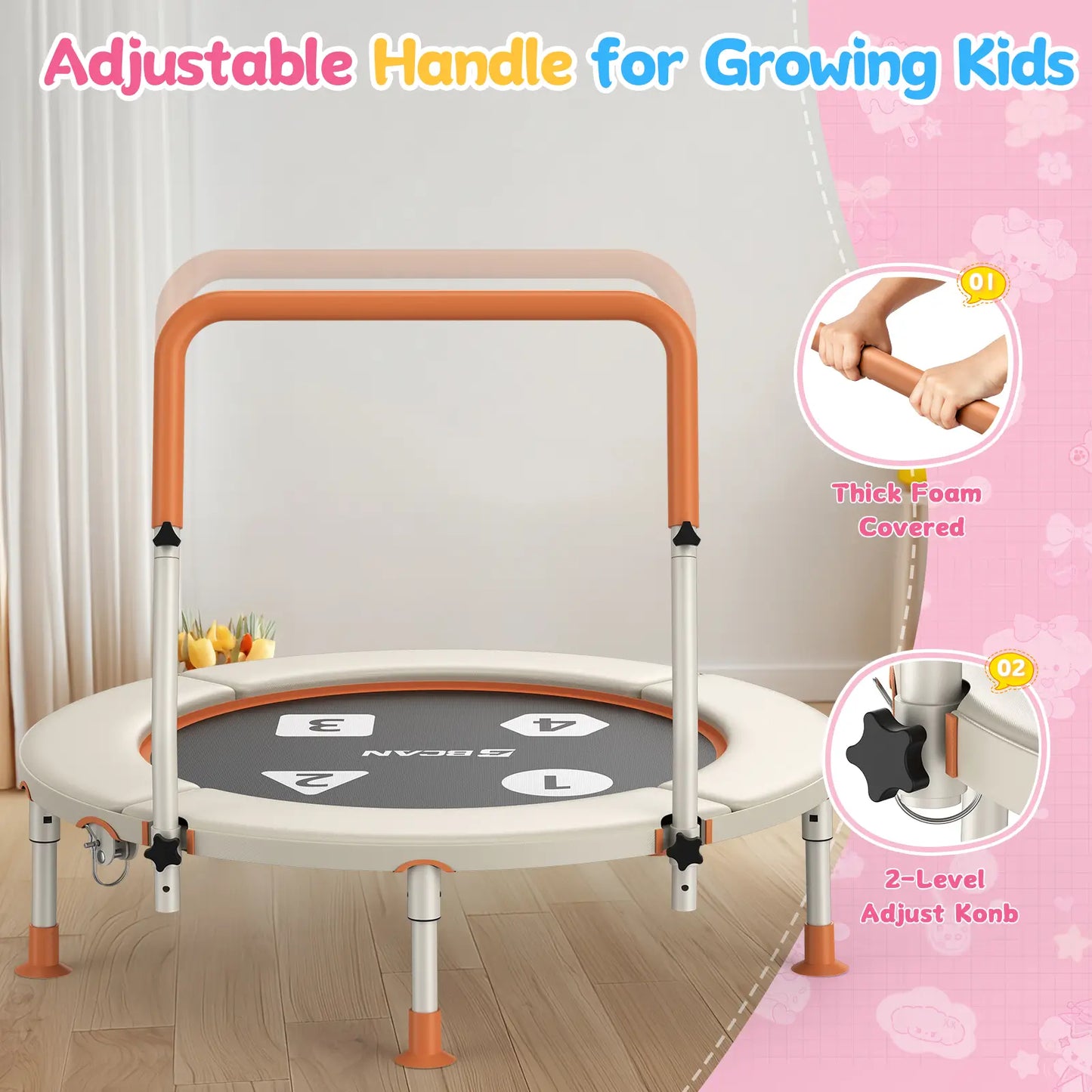 Toddler Trampoline | Adjustable Handle- 36IN-Beige