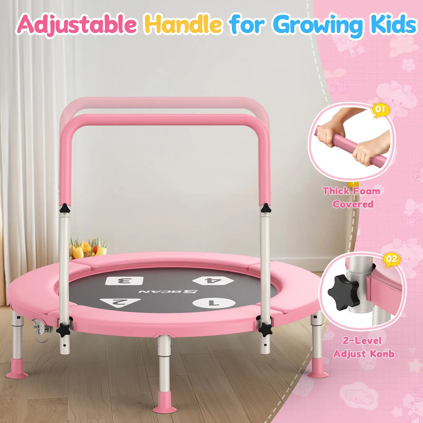 Toddler Trampoline | Adjustable Handle- 36IN-PINK