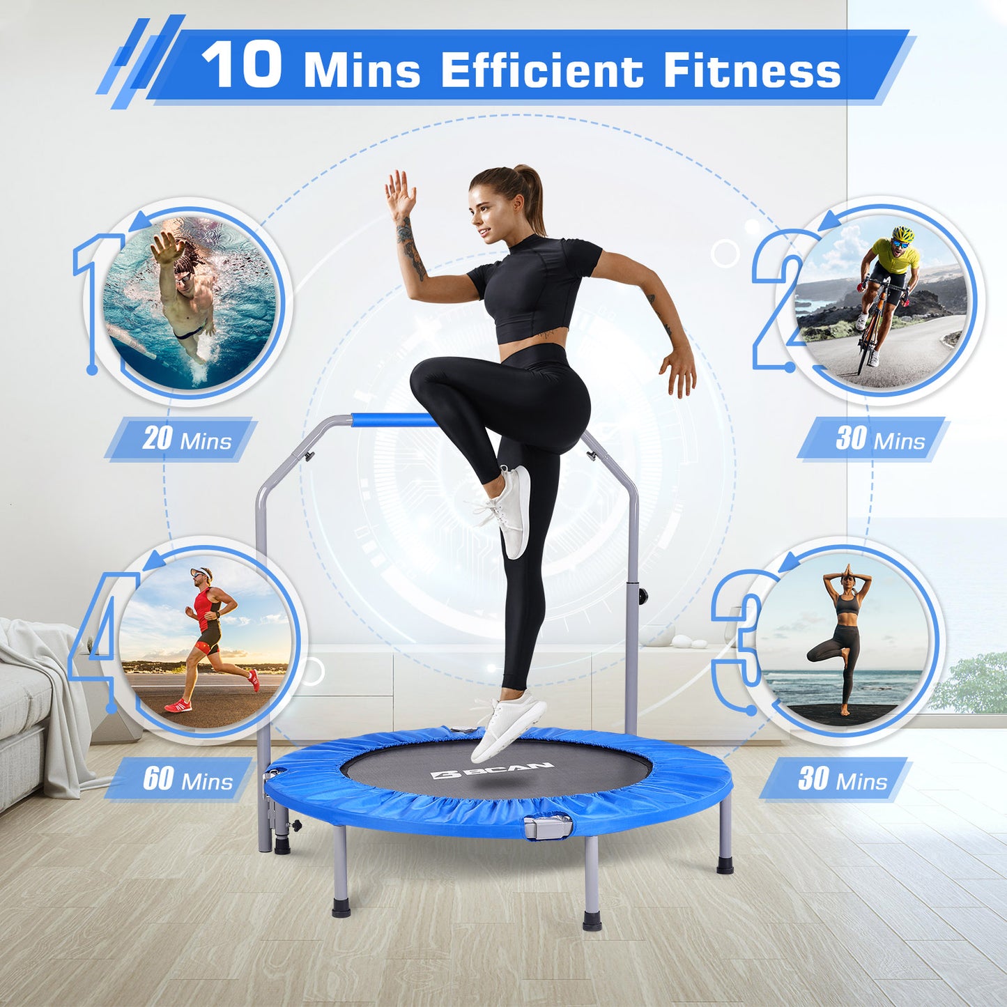 40-Blue Foldable Mini Trampoline with Adjustable Foam Handle