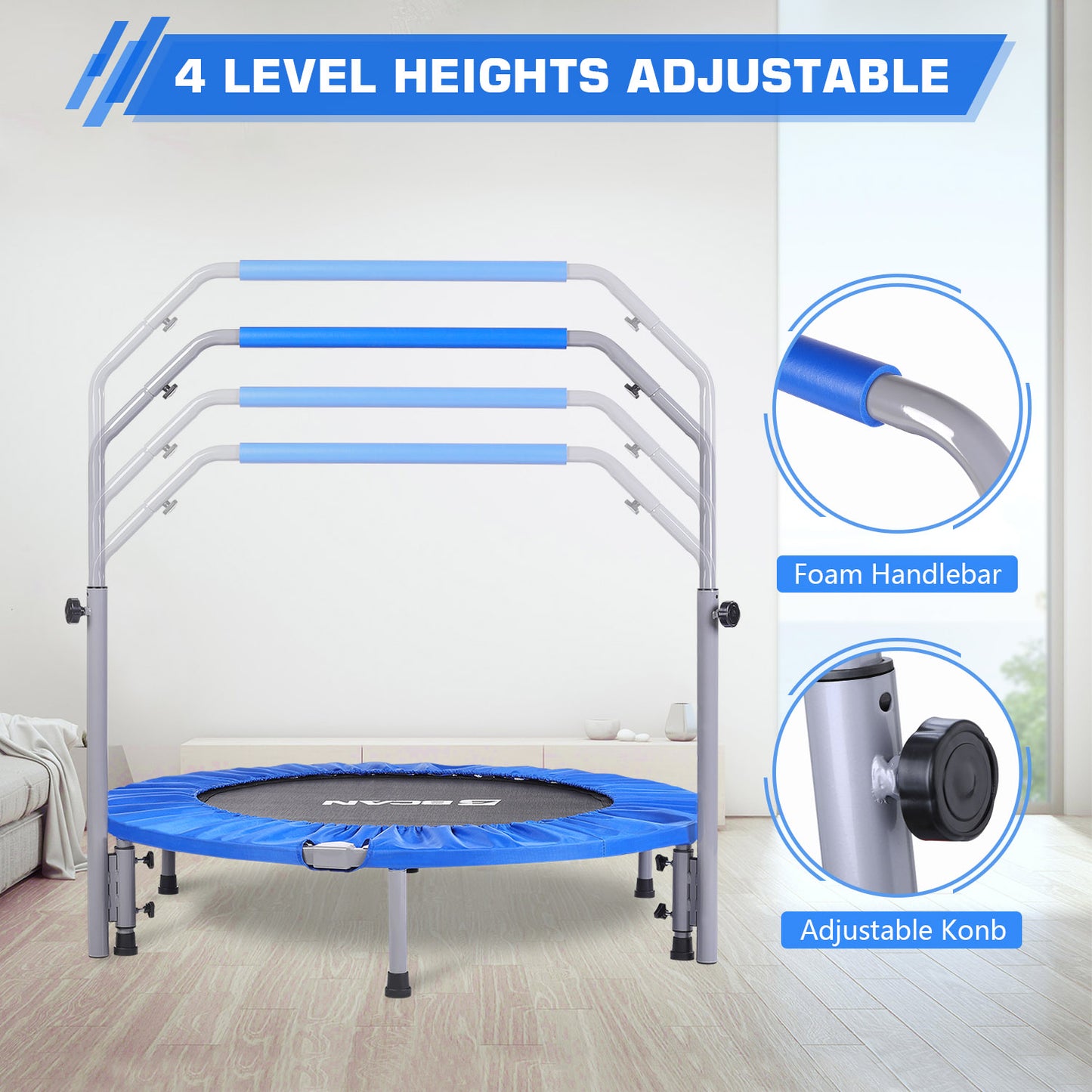 BCAN 40-Blue Foldable Mini Trampoline with Adjustable Foam Handle