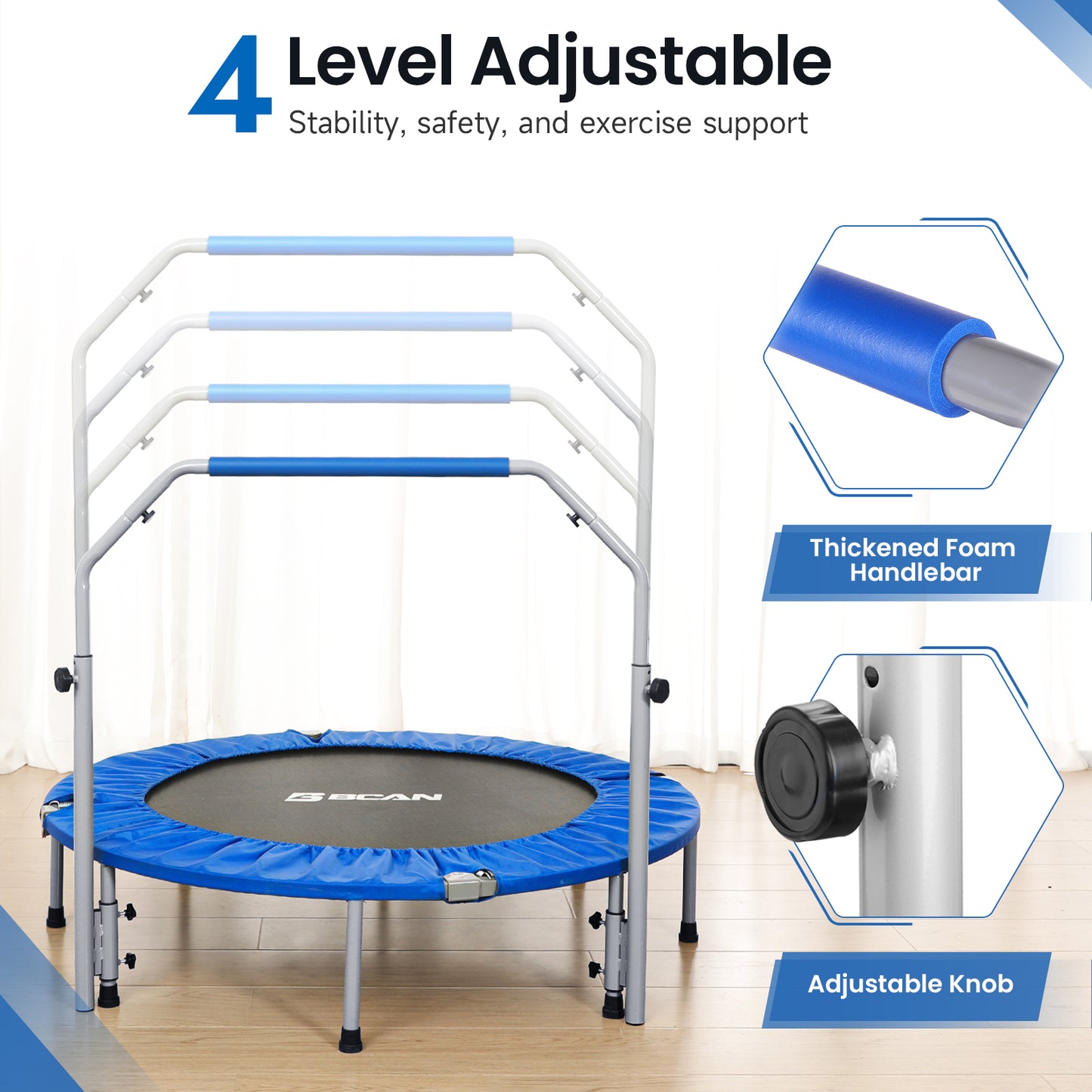 BCAN 48-Blue Foldable Mini Trampoline with Adjustable Foam Handle