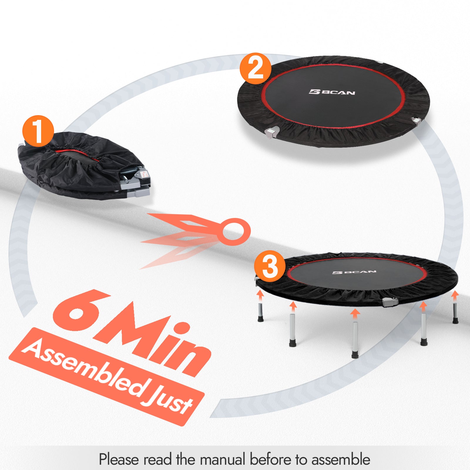 BCAN 40 Black Foldable Mini Trampoline with Adjustable Foam Handle bcantrampolines