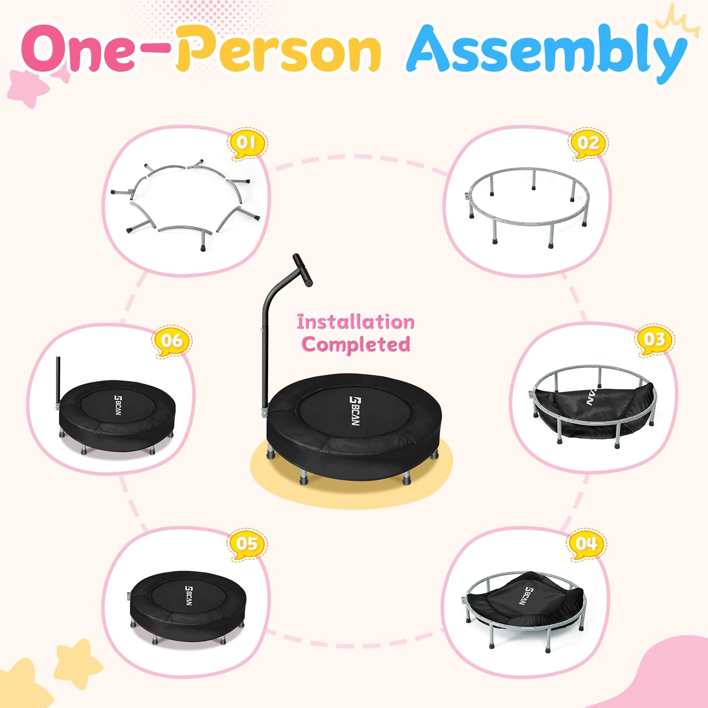 BCAN 36'' Mini Folding Ages 2 to 5 Toddler Trampoline with Handle for Kids / Black-Classic