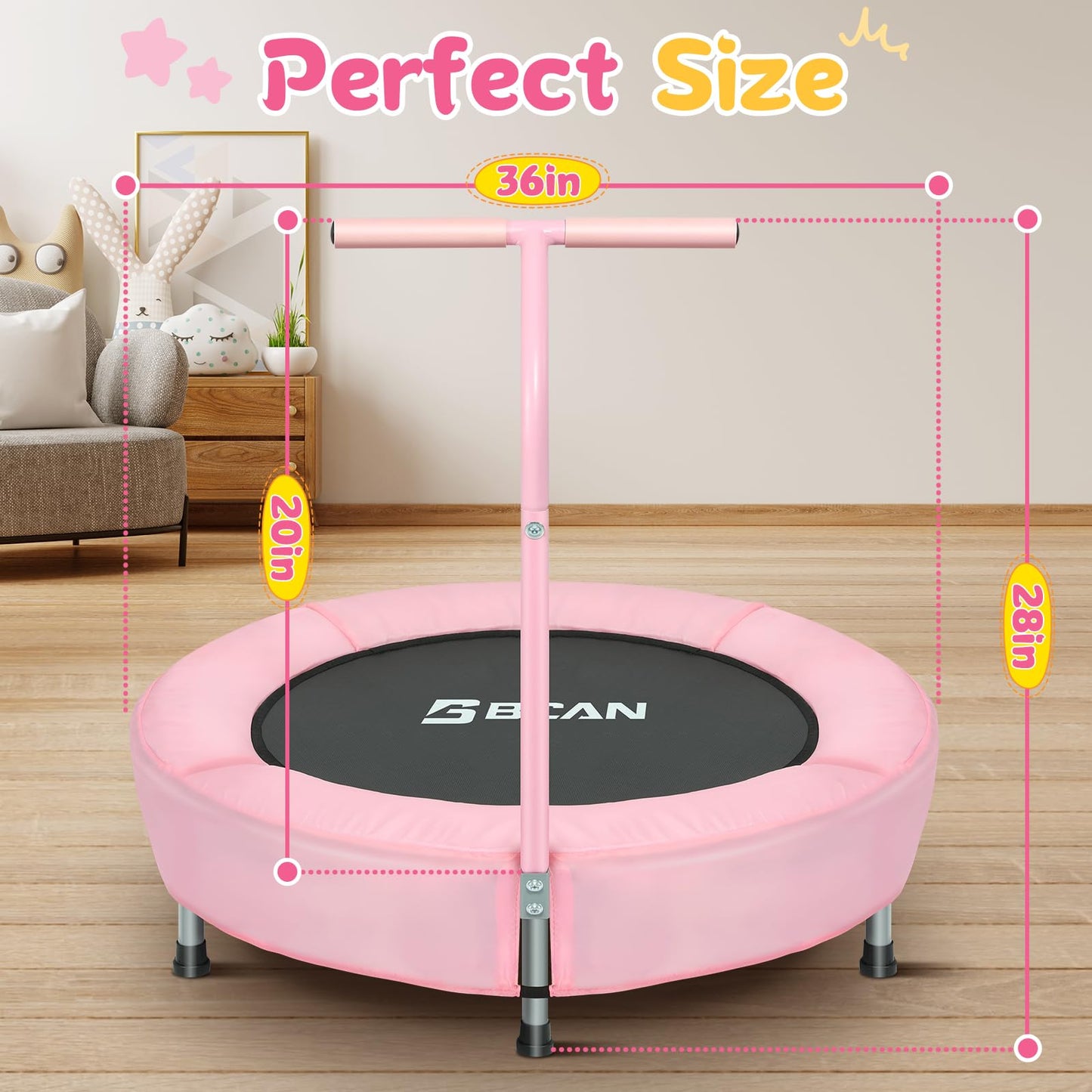 BCAN 36'' Mini Folding Ages 2 to 5 Toddler Trampoline with Handle for Kids, Classic Pink