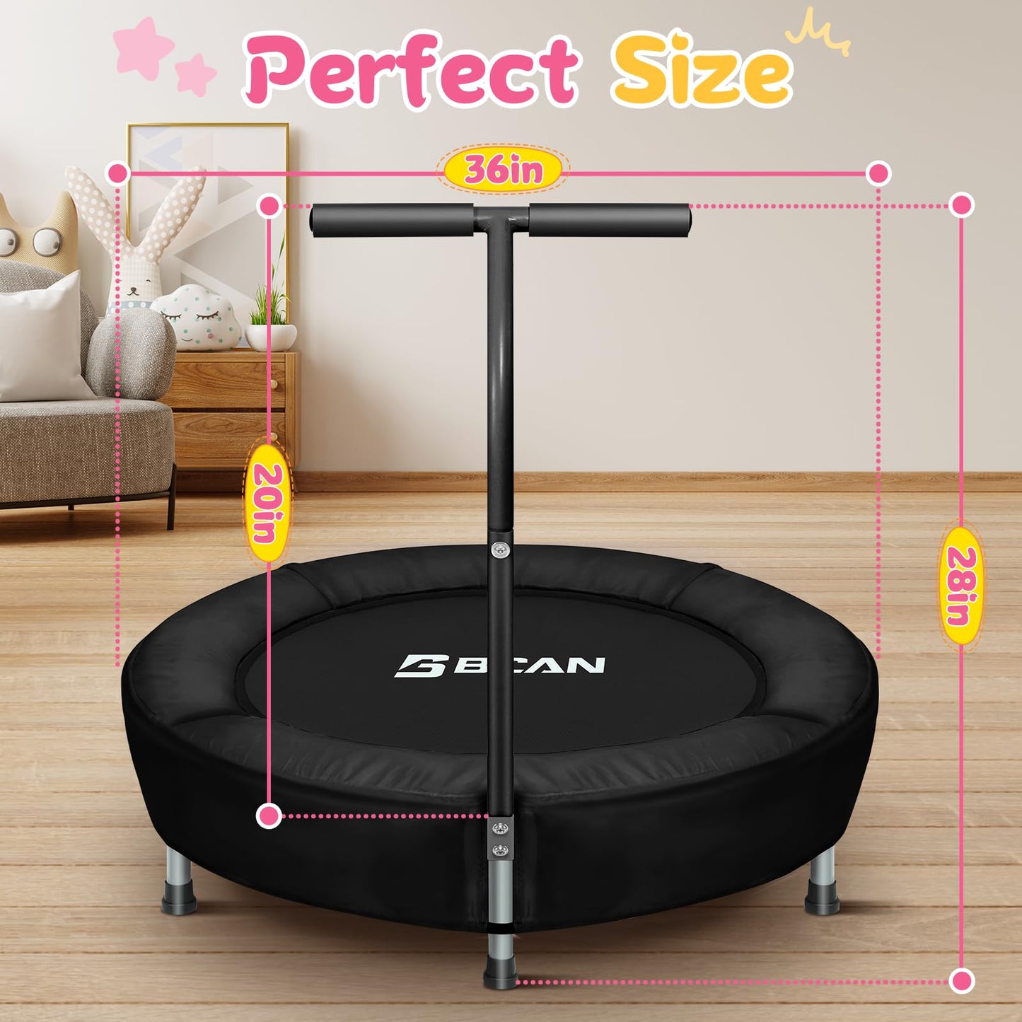 BCAN 36'' Mini Folding Ages 2 to 5 Toddler Trampoline with Handle for Kids / Black-Classic