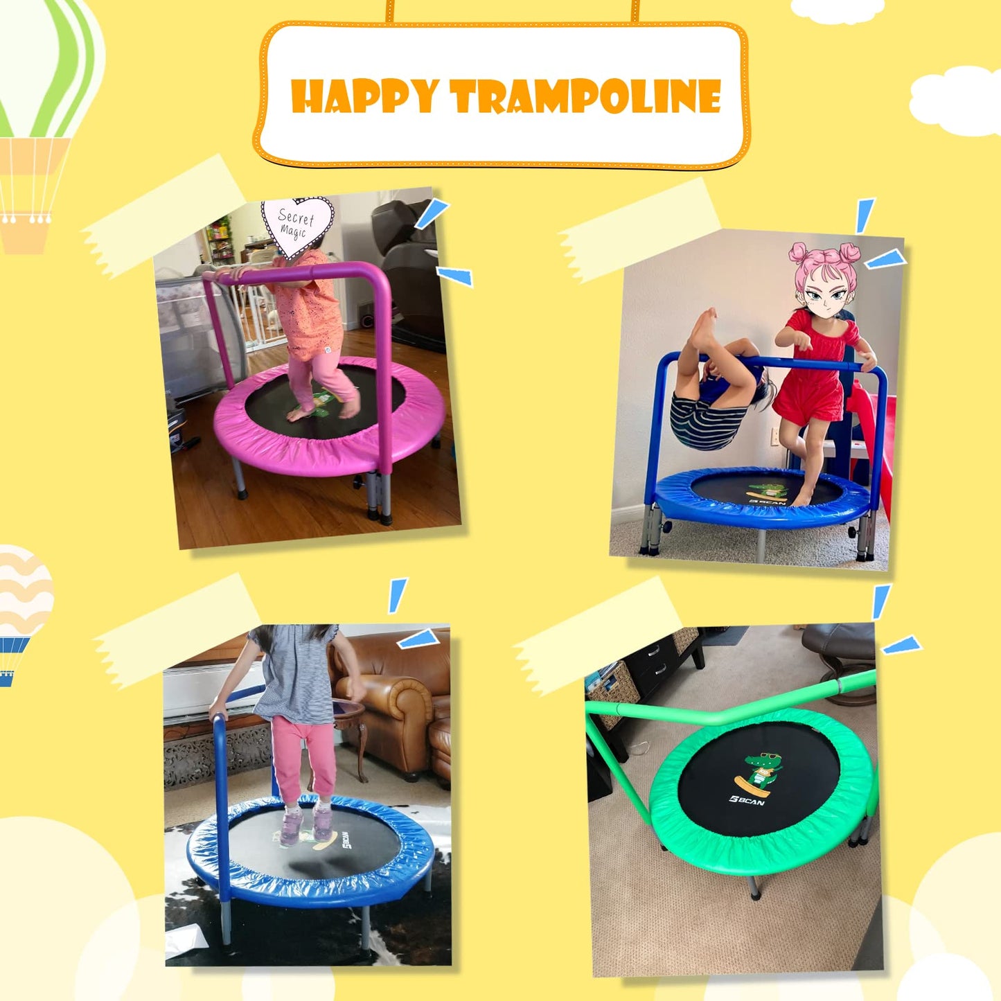 BCAN 36'' Mini Folding Ages 2 to 5 Toddler Trampoline with Handle for Kids / Yellow