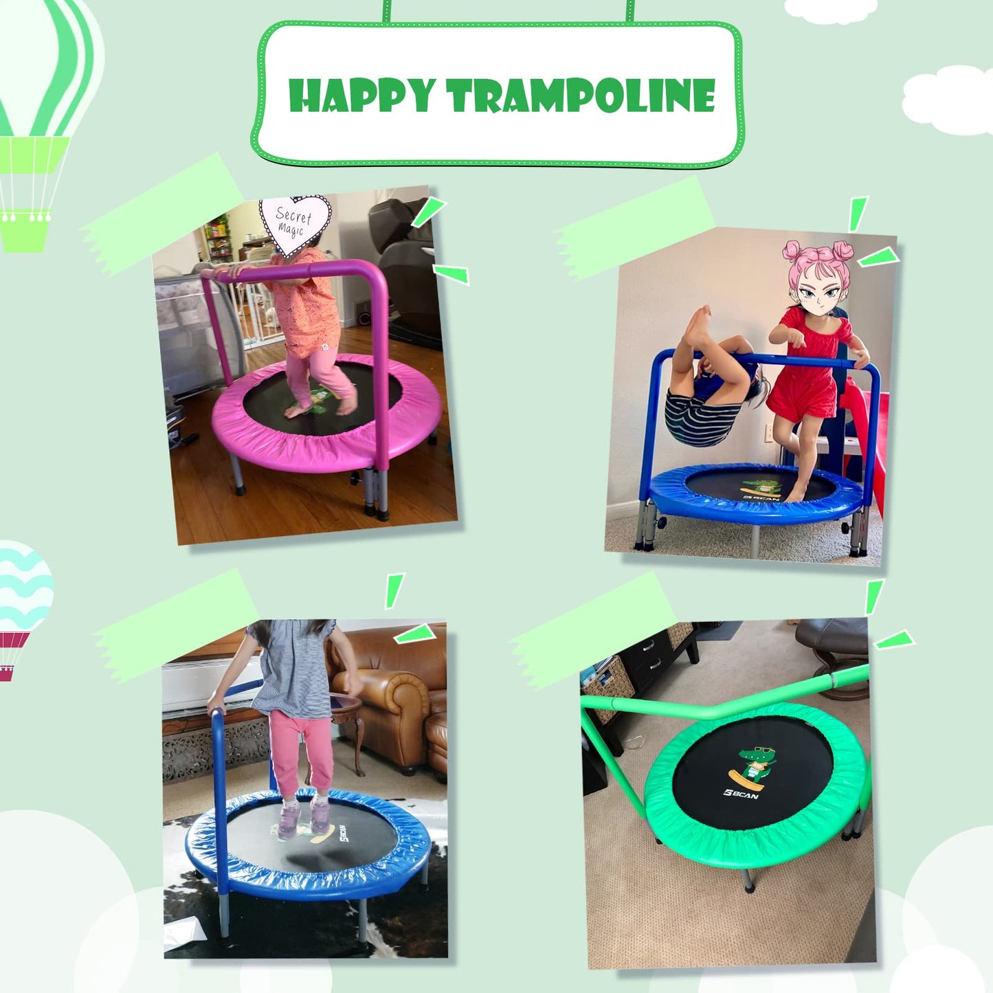 BCAN 36'' Mini Folding Ages 2 to 5 Toddler Trampoline with Handle for Kids / Green