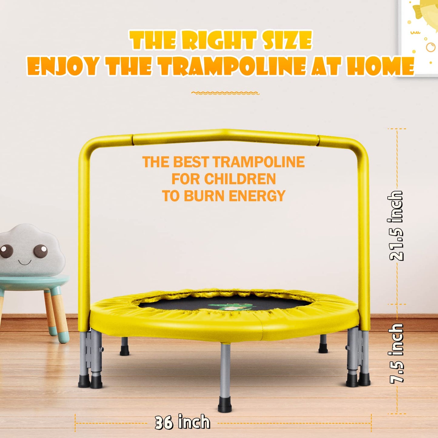 BCAN 36'' Mini Folding Ages 2 to 5 Toddler Trampoline with Handle for Kids / Yellow