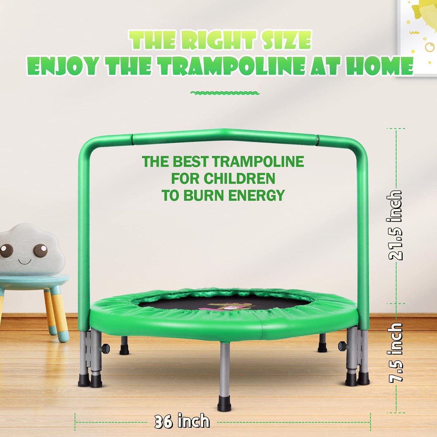 BCAN 36'' Mini Folding Ages 2 to 5 Toddler Trampoline with Handle for Kids / Green