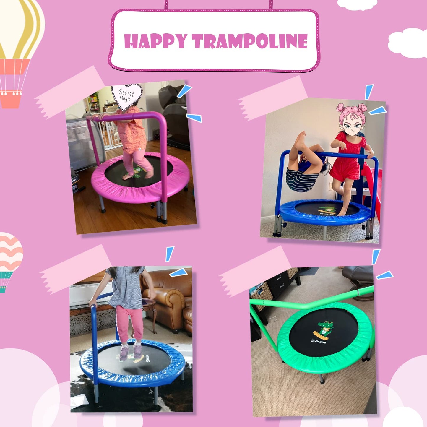 BCAN 36'' Mini Folding Ages 2 to 5 Toddler Trampoline with Handle for Kids / Pink