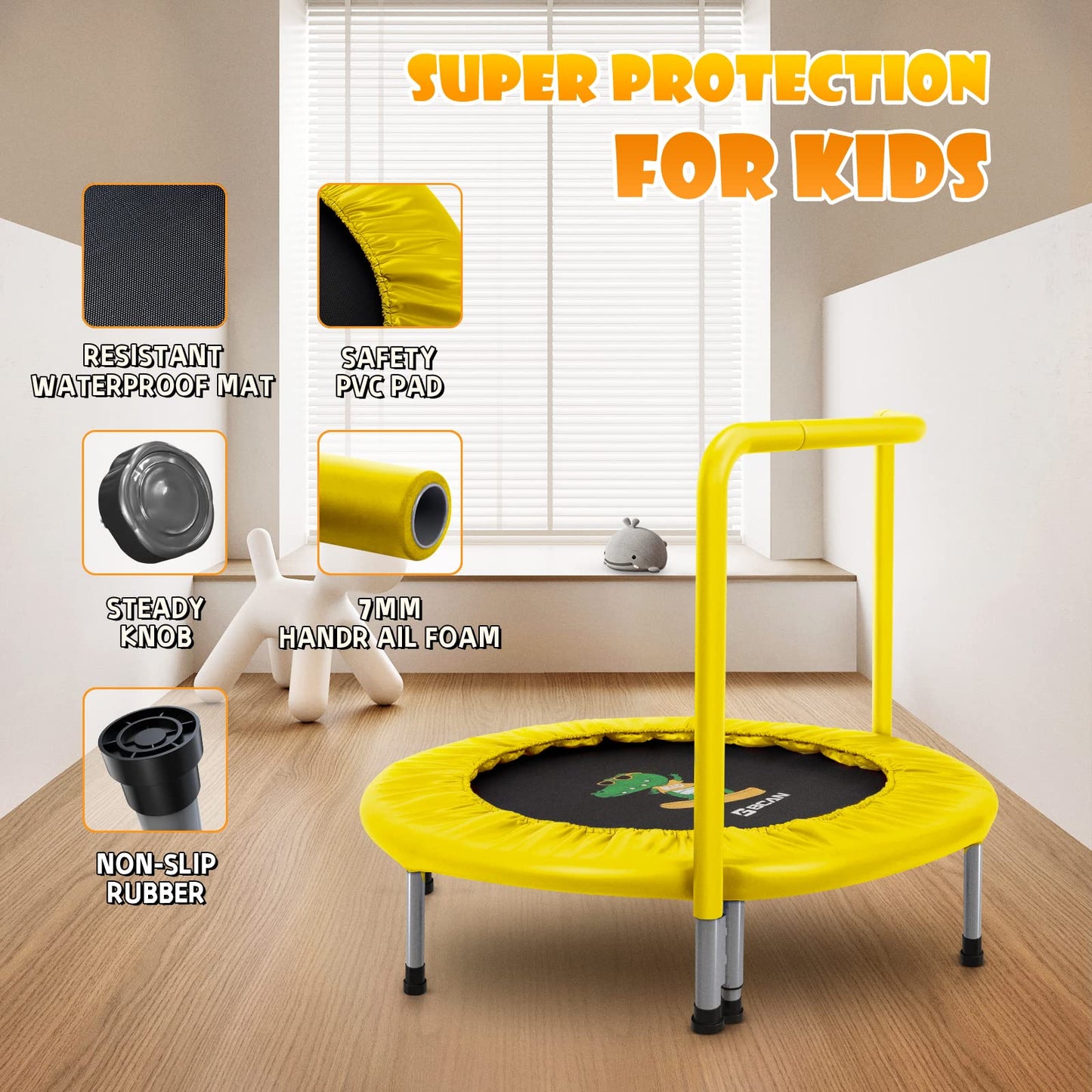 BCAN 36'' Mini Folding Ages 2 to 5 Toddler Trampoline with Handle for Kids / Yellow